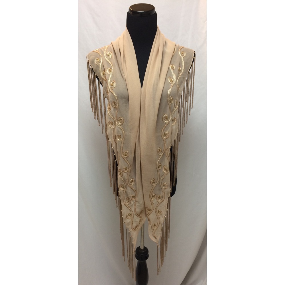 VTG Beige Chiffon-like Triangle Shawl Gold Embroidered Sequin Fringe Wrap